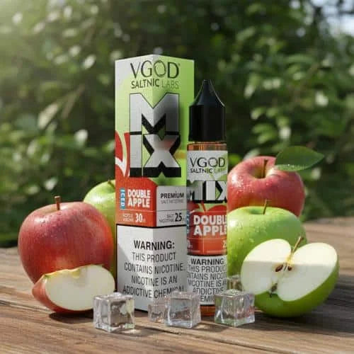 VGOD Salt Nic Labs MIX Double Apple vape juice bottle and packaging with apples on a wooden surface.