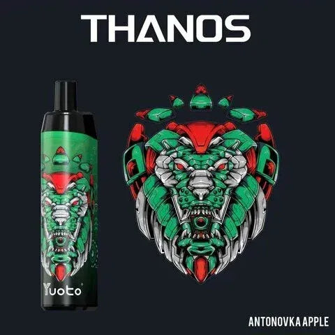 Yuoto vape antonovka apple with Thanos design on a black background