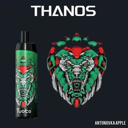 Yuoto vape antonovka apple with Thanos design on a black background