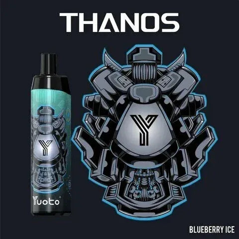 Yuoto Thanos vape blueberry ice device with design on a black background