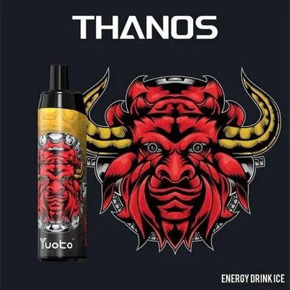Yuoto Thanos vape energy drink ice device with design on a black background