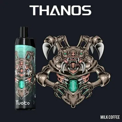 Yuoto Thanos vape milk coffee device with design on a black background
