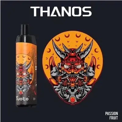 Yuoto Thanos vape passion fruit  device with design on a black background