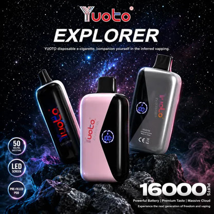 Three Yuoto Explorer disposable e-cigarettes in black, pink, and silver are displayed against a cosmic space background with rocks. The image includes text highlighting features like 5000 puffs, LED screens, pre-filled pods, and 16000 puffs.
