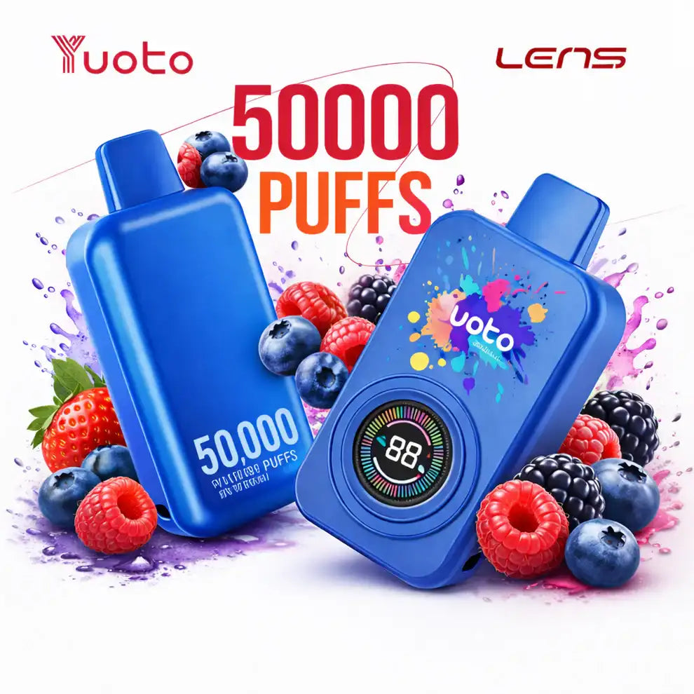 yuoto lens vape device with berries and 'Yuoto' branding on a colorful background