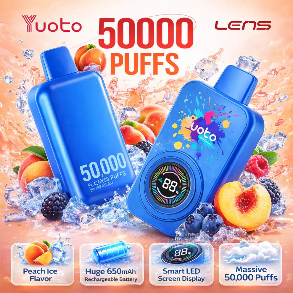 Yuoto lens vape device with peach ice flavor and 50,000 puffs capacity on a colorful background.