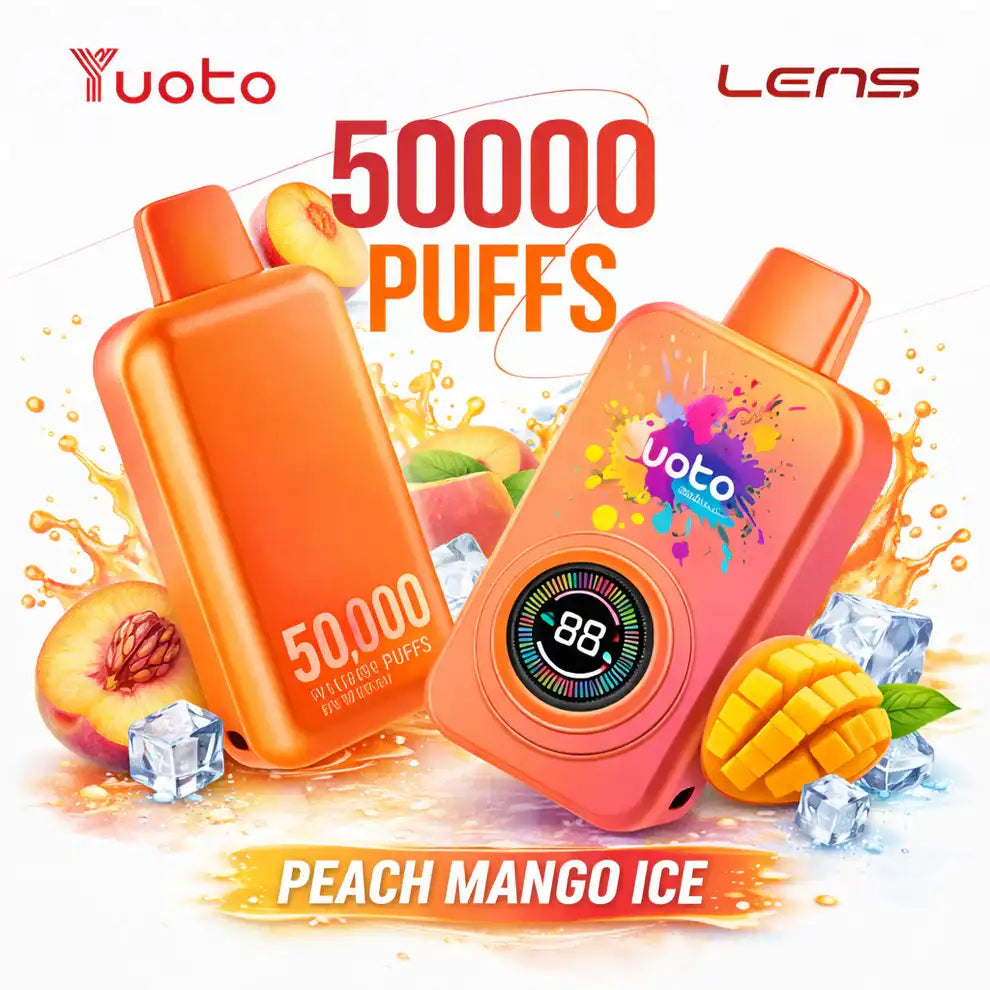 Yuoto lens vape device with peach mango ice flavor on a colorful background