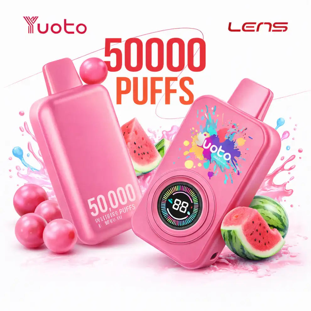 Pink vape device with 'Yuoto' lens branding and watermelon graphics on a white background