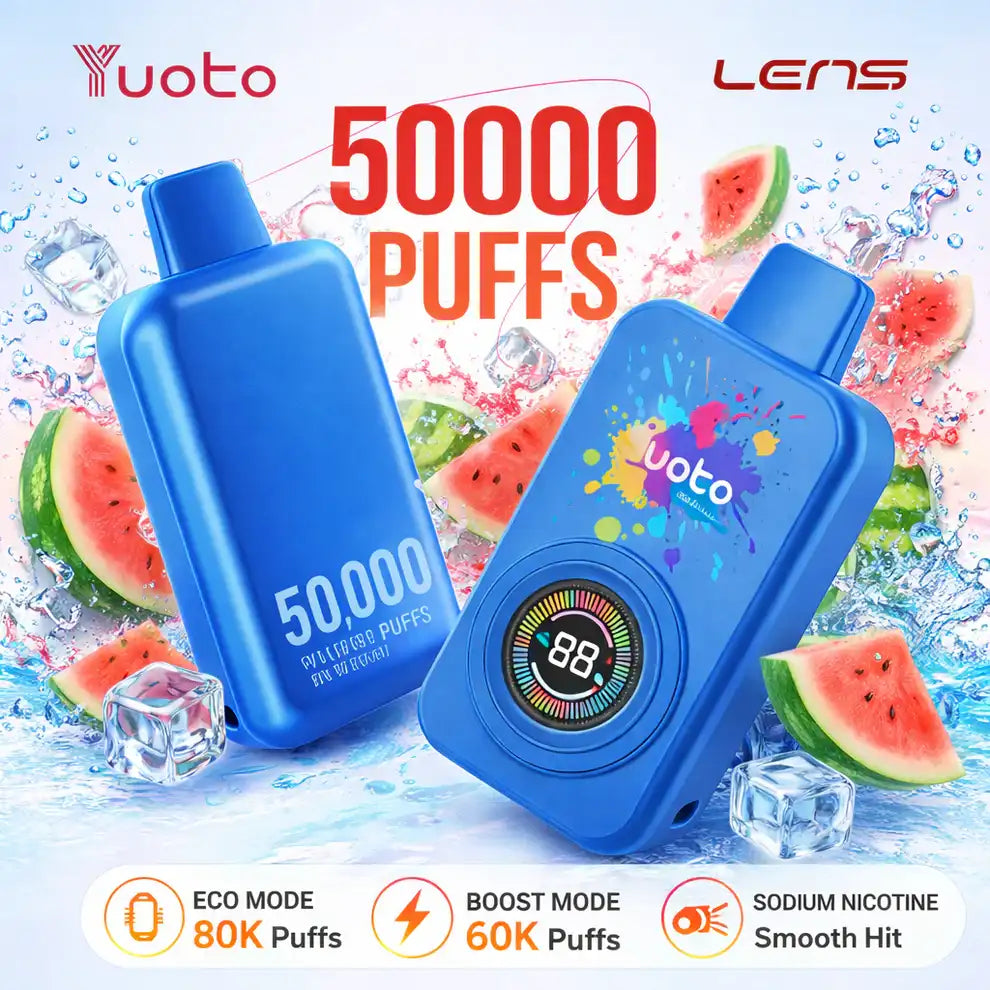 Blue vape device with watermelon slices and ice cubes on a colorful background, featuring Yuoto lens vape