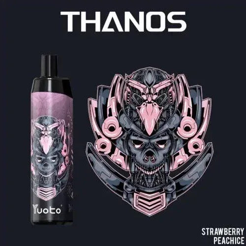 Yuoto Thanos vape strawberry peach ice device with design on a black background