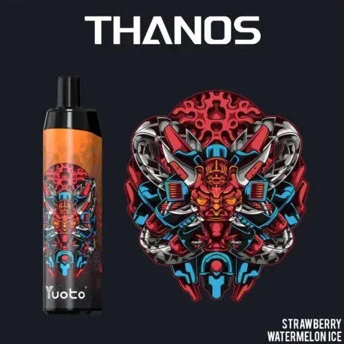 Yuoto Thanos vape strawberry watermelon ice device with design on a black background