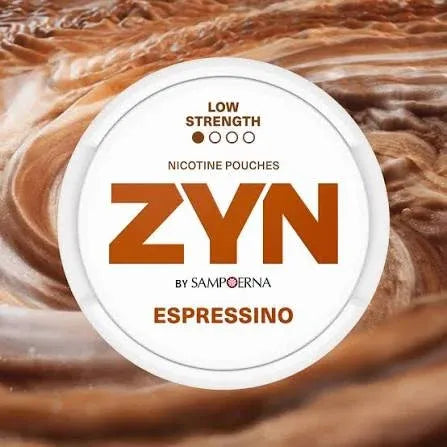 A circular white package label for ZYN nicotine pouches, shown over a brown espresso-themed background.